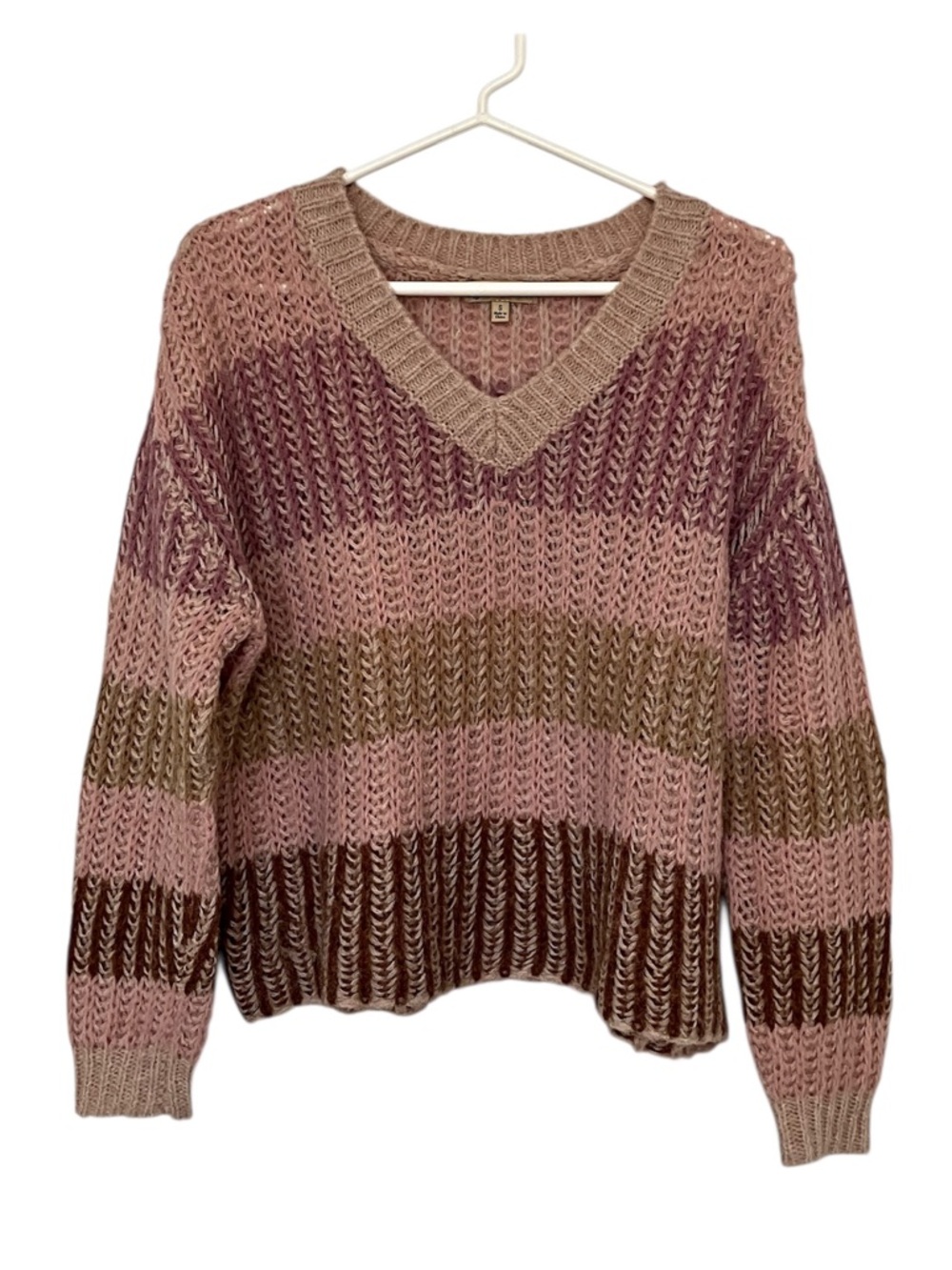 Democracy Striped V-Neck Sweater in Pink, Mauve & Brown